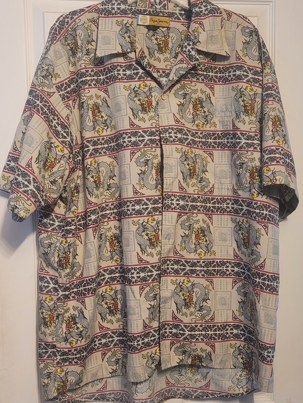 Pepe Jeans Y2K Cream Short-Sleeve Button-Down Dragon Print Shirt